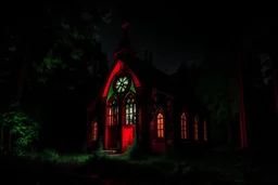 Заброшенная черная церковь с большим количеством красных витражей, вечером на пустыре, окружённая деревьям. Стиль детализированный комикс