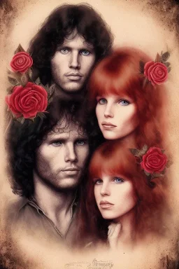 Jim Morrison and Pamela Courson ,music, ignoreNSFW, watermark, bohemian style , blurry,beautiful,elegant,roses, fantasy by ann dittman