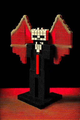 "VoxelVampire": Description: Vampire figure with voxel-style clothing, bat wings with pixelated texture, and a charming yet slightly mysterious expression. Pose: Elegant and confident pose, showcasing the vampire's personality. Accessories: Voxel-style clothing, bat wings with pixelated texture.
