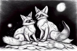 twilight descends, sly and clever foxes and their nocturnal adventures - Pencil drawing.