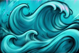a background of surf waves with black linework, blue teal tones, surf culture, kawaii cute, soft edge. add pink and magenta emotional graffiti over edges
