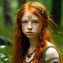 pretty girl, aged 19, ginger, conventionally attractive, dreamy, faun, satyr, tribal