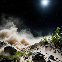 A striking quality Kodak photograph captures a wasteland with liquid and stars, Amano, Audubon, creepy, details of the dust and liquids very accentuated, glossy organic mass, vegetation, adorned with minerals and rocks. Bathed in intense light, eerie, Max Ernst style, white sun, fog