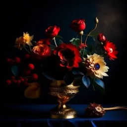 Flowers in midnight blue flowers, red flowers and green leaves in a gold vase. Light background