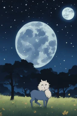 starry night with only one full moon in a pasture during fall anime