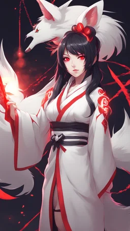 A close hot picture of Ahri with black hair and white Japanese Clothes with red details and nine White fox tail with neon glowing in fantasy world