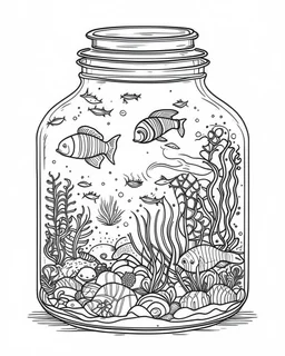 sea life in jar minimalistic, line art, background, vector, svg, coloring book page style, black outline on white background