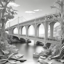 Tasman Bridge in Tasmania view in ornate Papercraft, fairytale, children popup book, soft shadows, ambient occlusion, monochromatic