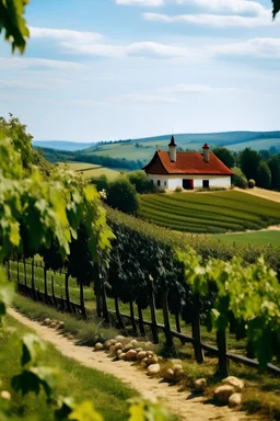 Winery on the top of the hill in the sunny day. In the middle of the vineyards. a label for the red wine a owner of the wine name is Duck the place is in Romania