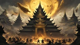 For an album cover, epic battle in the scorching Rattanakosin fantasy realm gold and black.