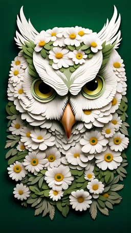 portrait of owl head made from a lot of beautiful white beautiful flowers pale colors smooth contrast, dark green background