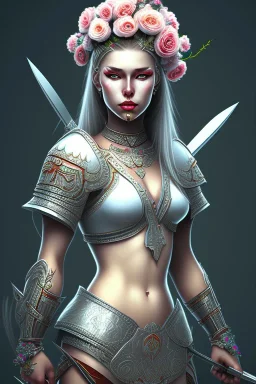 lady warrior with white top and flowers