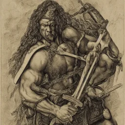 Portrait of a barbarian warrior with big axe in the style of Albrecht Dürer