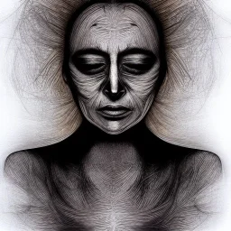 Silver on black paper portrait of female face of migraine, face distorted with pain, reverse colors, screaming, tears streaming from eyes, colorless, glitchcore, dystopian, horror, ultra realist texture, intricate line drawing,