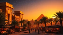 Visualize the ancient city of Akhmim, bathed in the warm glow of a sunset. The scene features towering sandstone temples adorned with intricate hieroglyphics, surrounded by lush palm trees swaying in the desert breeze. Details: Features merchants at market stalls filled with vibrant spices and textiles. The sky transitions from golden orange to deep indigo, dotted with twinkling stars. Overlay a faint silhouette of a sphinx in the background, enhancing the mystical aura. Mood: A balance between