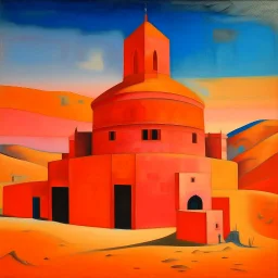 A light rosy orange colored desert with a mechanical palace painted by Alexej von Jawlensky