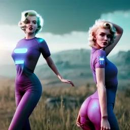 Realistic image, retro sci-fi, portrait, waist up view, blonde woman, sweet Marylin Monroe face, perfect iris, glow eyes. tight lycra tights suit, epic style, vibrant color, highly detailed, unreal engine 5, ray tracing, RTX, lumen lighting, ultra detail, volumetric lighting, 3d, finely drawn, high definition, high resolution.