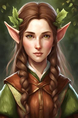Illustration {elf, adult woman, villager, brown hair}, realism, realistic, semi-realistic, fantasy