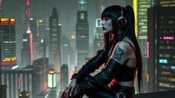 cyber-goth warrior woman in black lips, black cyber-goth clothes sittin on rofftop in matrix city, left profile , utopistic scifi, dark colors, random matrix city background, high detailed, high realistic