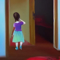 Distant Painting of a little girl walking out of a room