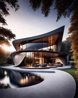 Hyperrealistic photography of a modern country house, ultra warm, incredible work of art, vista exterior, estilo Zaha Hadid