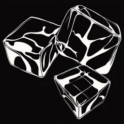 a HAND DRAWN BLACK AND WHITE ICE CUBE SITTING ON A SLICK BLACK SURFACE