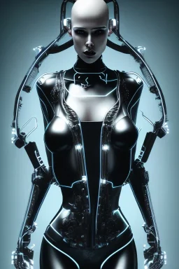 cyberpunk, black latex body, women, body portrai, big boobs, highlight eyes perfect, skin, tron, cyborg, perfekt sexy, real, dream, hr giger