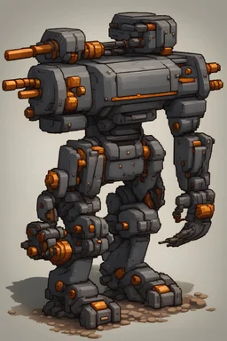 a civilian industrial mech refitted for combat with solid metal plates and the arms replaced by shotguns, in the pixel-art style of Retrograde Miniatures, isometric perspective, pixel art, clean, no background, gribbles