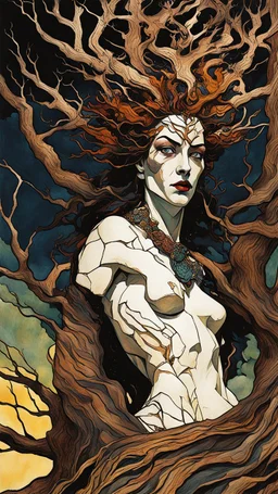 Egon Schiele, Abraham Rattner style abstract expressionist, full body comic book illustration of a pagan druid priestess, bristlecone pine sculpture , dark and dry branches, harmony, intricately detailed, highly detailed facial features, ethereal, otherworldly, the smell of the ancient essence of eternity in vibrant natural color