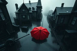 top-down view of a grayscale wet city street with old tall haunted houses, rain, one red umbrella lies down lying prone on the street, surreal style, dark mood