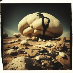 Photography polaroid close-up of a random landscape with massive odd Yves Tanguy incomprehensible style Surrealism, glossy, organic, creepy tumor mass growing, strong texture, fiotti di liquido nero, horror, panic, obsessive, hypnotic