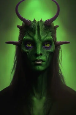 A portrait of a druid reptile demon with blurred colors, cute, beautiful, long dark hair,deep darkness, green evil eyes, etheric ,deep purple smoke, close up portrait by Greg Rutkowski