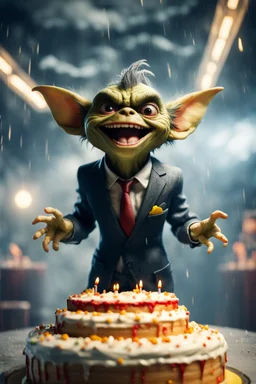 portrait of happy gremlin standing in a mega cake in suit flying in wind tunnel birthday party in a storm cloud, in the style of a fallout 4,bokeh like f/0.8, tilt-shift lens 8k, high detail, smooth render, down-light, unreal engine, prize winning