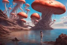 woman in a tight suit, on the shores of an alien world, with mushrooms, with jellyfish tentacles floating in the air, photorealistic, Detailed Matte Painting, Deep Colour, Fantastical, Intricate Detail, sunshine, blue sky