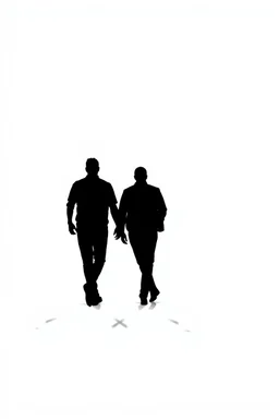 black silhouette of two men walking away on solid white background