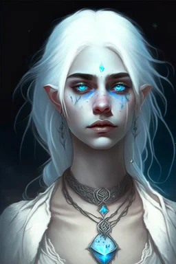 hauntingly beautiful character for dnd, young woman with white hair and blue eyes, angel, with moon necklace, scarred neck