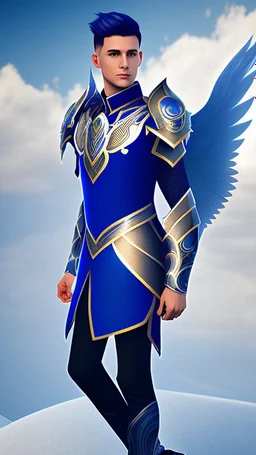 a human male with blue short hair and blue wings in assymetrical armor with geometric patterns and a book in hand, geometric wings