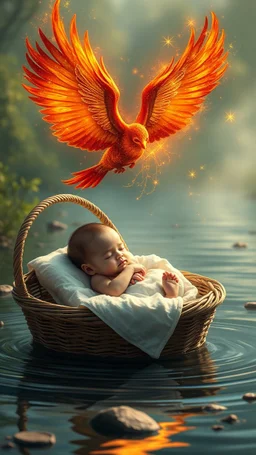 A baby sleeping in side a basket bed that is floating in the river and an beautiful fiery with sparkling wings flying over him