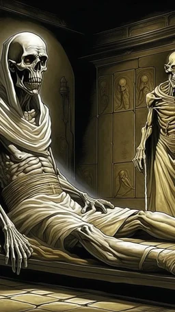 The mummy all in white laying in his death chamber Howling in Bosch painting style