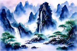 Painted freehand landscape painting, wet watercolor, majestic, waterfalls, flying birds, clouds and mist Modifiers: 电影灯光 高清 水墨画 层次感 让-巴蒂斯特.蒙日 品质清脆 ，8k 非常详细 幻想 电影灯光 错综复杂 超现实 立体主义 幻想之城风格 科幻小说 节切克.耶卡