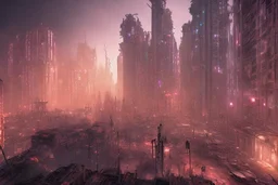 pos-apocalyptic cyberpunk city with destroyed buildings, a plubicity showing the number "2222", illuminated purple neon, dark, high contrast