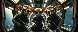 airbrush and pen outline, french art , extreme close up on cheeky fluffy weasel hairy goblin military prison guard troupe news anchor elf family scumbag on the bridge between two space stations, in the style of Escher and Giger and Fallout 4, pinhole cam, airbrush 3d rendering