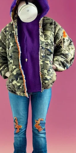 Brunette.thick thighs,thick calves,flat belly,curvy fell. big head. Mantle is sewed of upcycled Denim and sewed together of camouflage pieces. Pieces' color are orange, cream and purple. It is with big bright purple felt tippet and cream-colored-hood. mantle is merged with satchel. . Big AKG-style headphones (gold rings!) is merged with small felt cap with small visor. Style: Haute Couture in 1950's Africa, N.Y.C fashion in 1996, inspired 2023 Paris