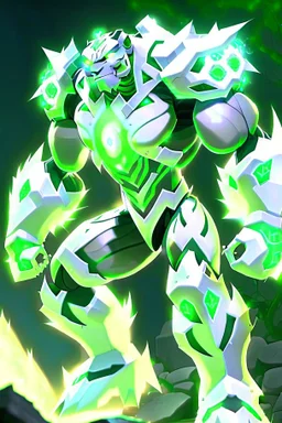 A new space creature from Ben 10 cartoon. Strong and graceful. From the White Tiger faction. Advanced hybrid metal golem. And the diamonds. He has a glowing green tattoo in the shape of old magic words