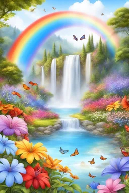 fantastic,Beautiful garden, flowers,rainbows, cascades arc en ciel, papillons colorés