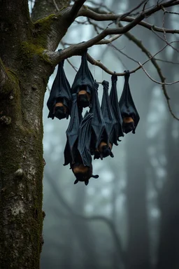 A group of black bats hanging upside down from a tree without leaves . The tree skin is covered in moss and lichen, allowing it to blend seamlessly into its surroundings. Dark cave Spirits feed on the energy of trees and can create thick fog to confuse their victims.