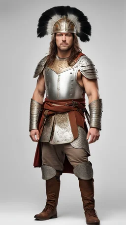a Highly detailed photorealistic portrait of vercingetorix dressed as a historical French Gallic warrior, canvas pants, animal skin, a metal helmet with wings, standing in full sized, 3d character t-pose, a plain white background