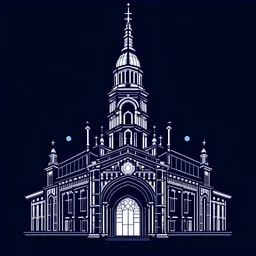 Santiago de compostela cathedral. Art Deco, Mood: Mysterious and Glamorous, Lighting: Deep blue with neon highlights, T-shirt design graphic, vector, contour, white background.