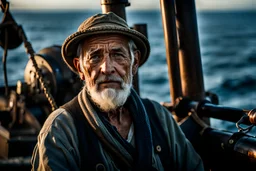 Portrait of an old fisherman at sea, using natural light to highlight weathered textures, Cinematic lighting, Volumetric lighting, Epic composition, Photorealism, Very high detail, Bokeh blur, Sony Alpha α7, ISO1900, Character design, Unreal Engine, Octane render, HDR, Subsurface scattering