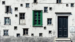 A mixed-media artwork depicts a textured, weathered building facade with numerous windows and doors. The composition is dense, with windows of various sizes and styles scattered across the surface, some open, some closed, and some appearing as mere outlines. A prominent green-framed window stands out amidst the predominantly white and gray tones of the building. Dark, imposing double doors are situated on the right side, contrasting with the lighter elements. Shadows are cast across the facade,